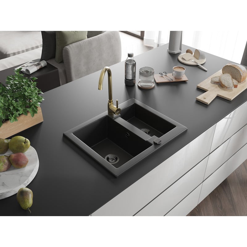 Mexen Carlos granite sink 1.5-bowl with Telma kitchen tap, black - 6518-77-670200-50-B