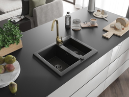Mexen Carlos granite sink 1.5-bowl with Telma kitchen tap, black - 6518-77-670200-50-B