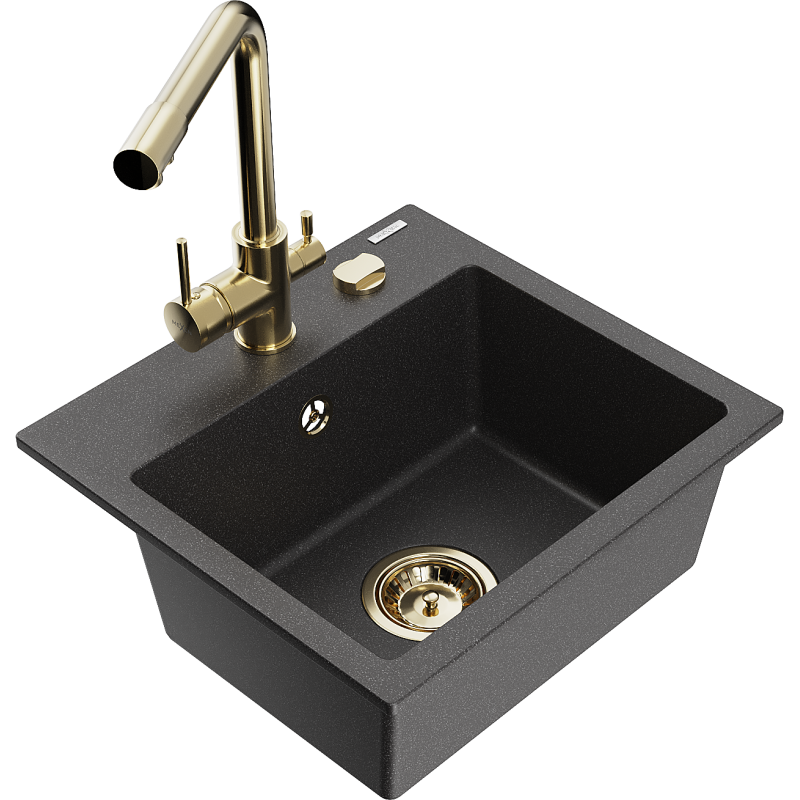Mexen Milo Granite Sink 1-Bowl with Duero Kitchen Tap, Black Speckled - 6505-76-671600-50