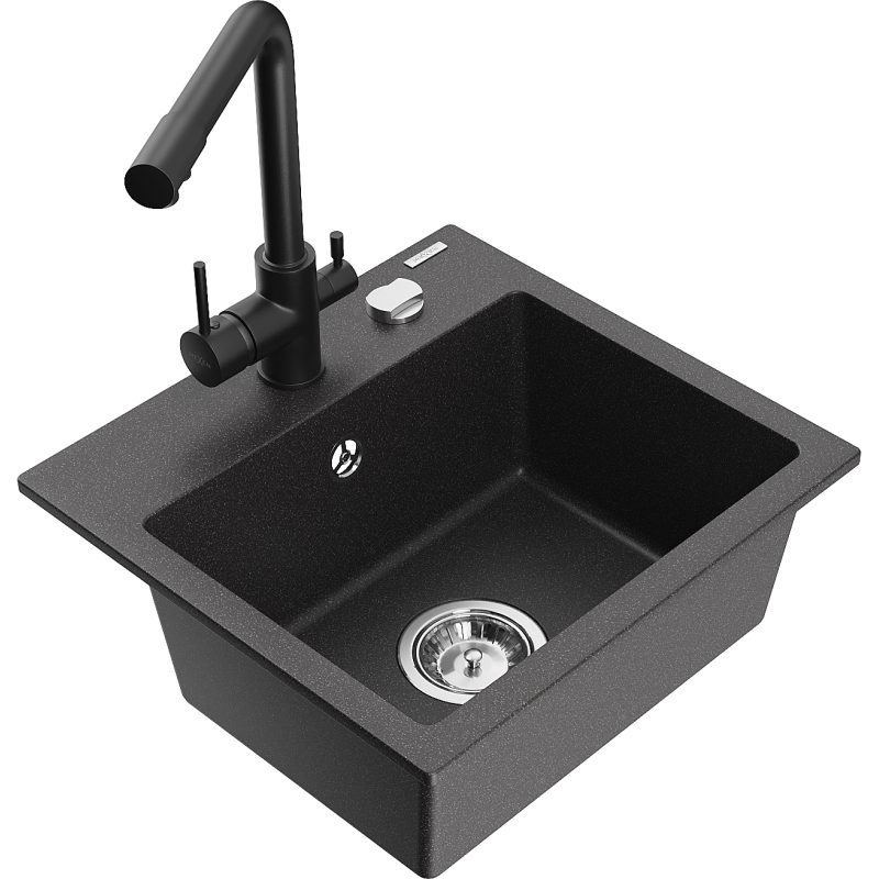 Mexen Milo 1-bowl granite sink with Duero kitchen tap, black speckled - 6505-76-671600-70