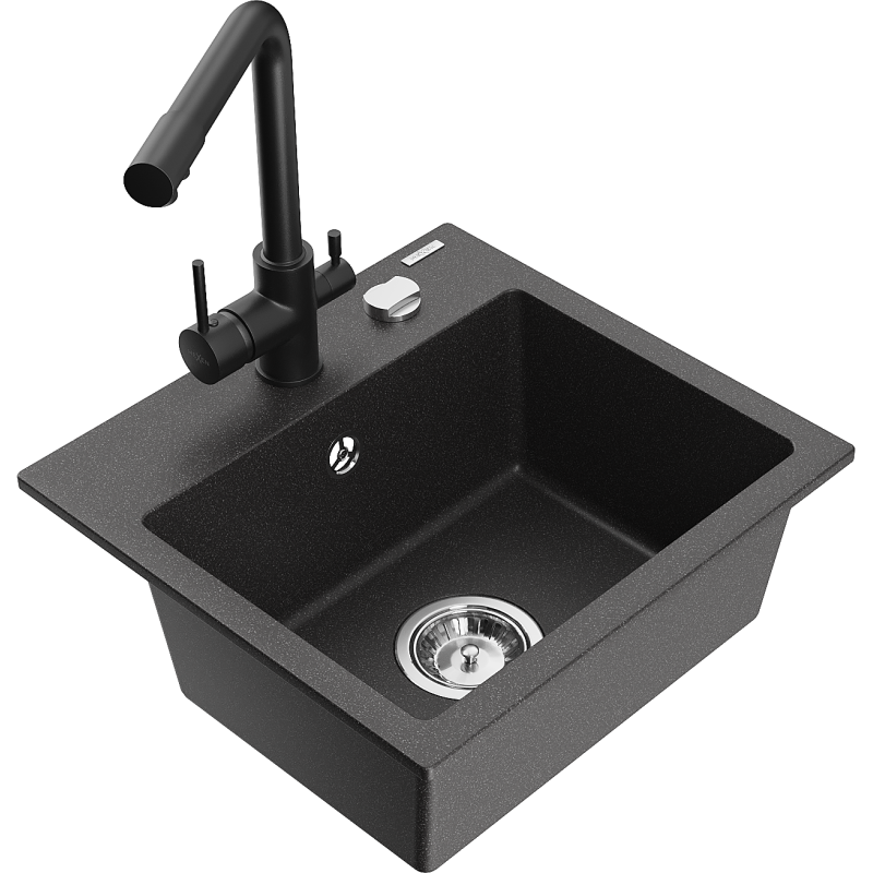 Mexen Milo fregadero de granito de 1 tazón con grifo de cocina Duero, negro moteado - 6505-76-671600-70