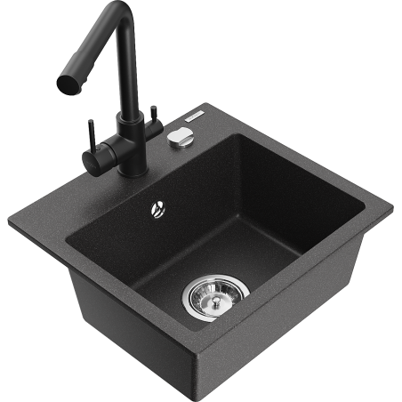 Mexen Milo fregadero de granito de 1 cubeta con grifo de cocina Duero, negro moteado - 6505-76-671600-70