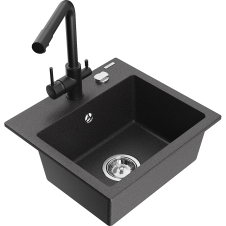 Mexen Milo Granitspüle 1-Kammer mit Küchenarmatur Duero, schwarz gesprenkelt - 6505-76-671600-70