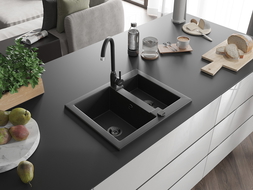 Mexen Carlos 1.5-bowl granite kitchen sink with Telma tap, black - 6518-77-670200-70-B