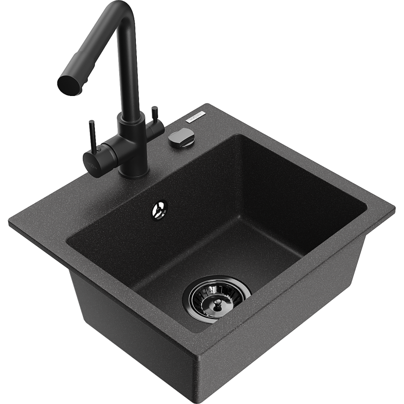 Mexen Milo fregadero de granito de 1 compartimento con grifo de cocina Duero, negro moteado - 6505-76-671600-70-B