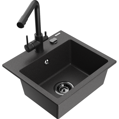 Mexen Milo 1-bowl granite sink with Duero kitchen tap, black speckled - 6505-76-671600-70-B