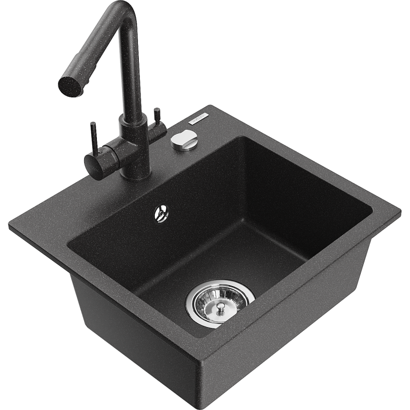 Mexen Milo fregadero de granito de 1 cubeta con grifo de cocina Duero, negro moteado - 6505-76-671600-76