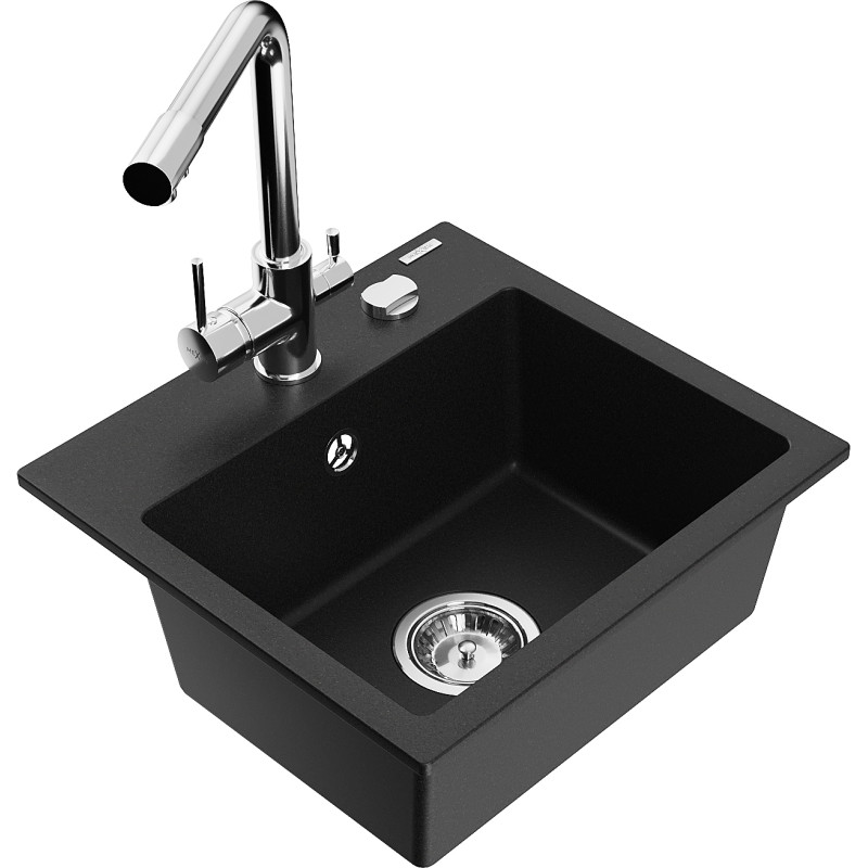 Mexen Milo fregadero de granito de 1 cubeta con grifo de cocina Duero, negro - 6505-77-671600-00