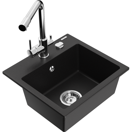 Mexen Milo 1-bowl granite sink with Duero kitchen tap, black - 6505-77-671600-00