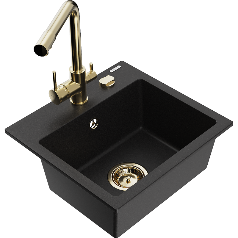 Mexen Milo granitdiskbänk med en ho och köksblandare Duero, svart - 6505-77-671600-50