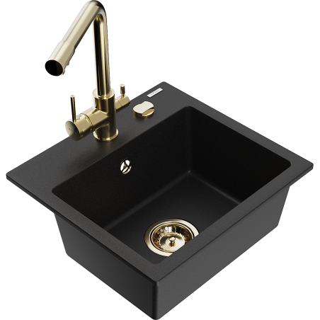 Mexen Milo granite sink 1-bowl with Duero kitchen tap, black - 6505-77-671600-50