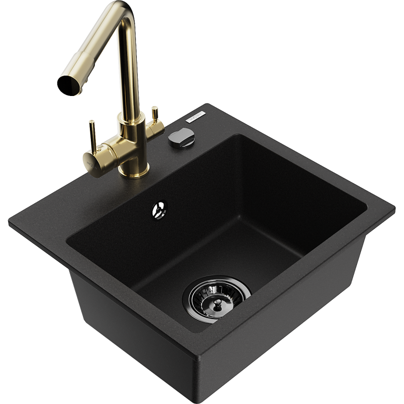 Mexen Milo 1-bowl granite sink with Duero kitchen tap, black - 6505-77-671600-50-B
