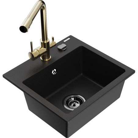 Mexen Milo 1-bowl granite sink with Duero kitchen tap, black - 6505-77-671600-50-B
