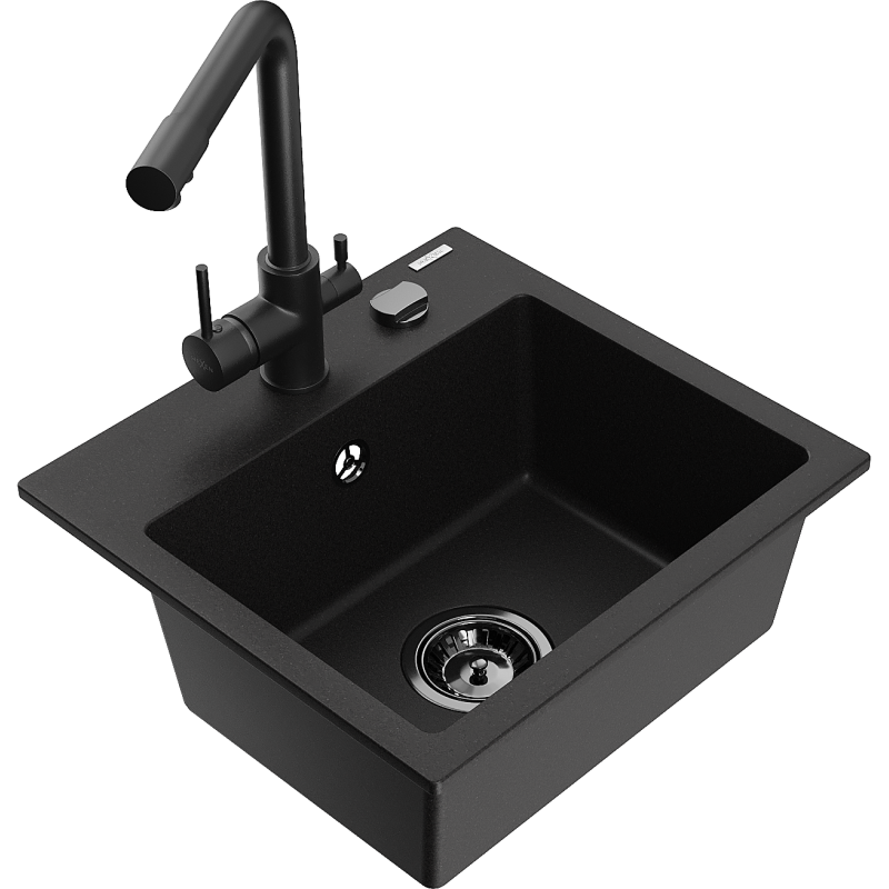 Mexen Milo 1-bowl granite sink with Duero kitchen tap, black - 6505-77-671600-70-B