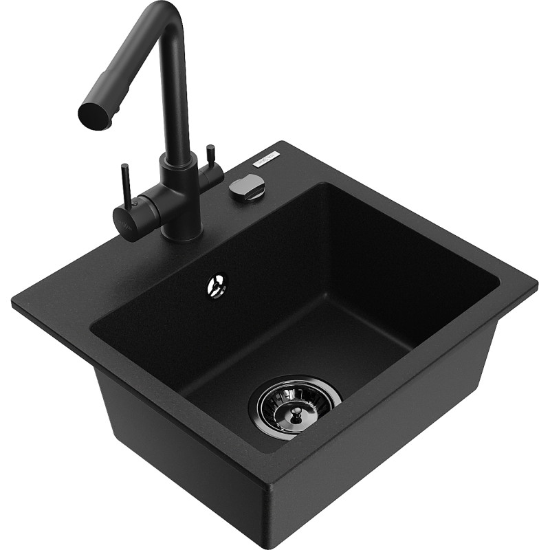 Mexen Milo granitische spoelbak 1-comaprtiment met keukenmengkraan Duero, zwart - 6505-77-671600-70-B
