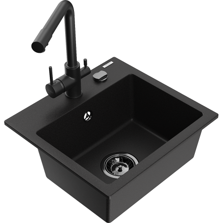 Mexen Milo 1-bowl granite sink with Duero kitchen tap, black - 6505-77-671600-70-B