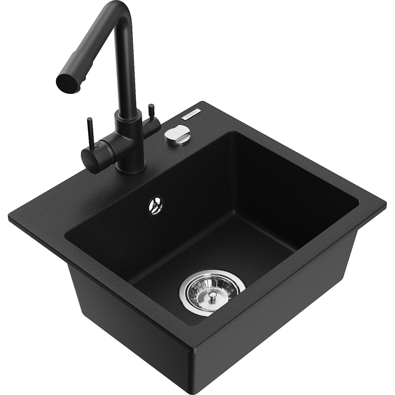 Mexen Milo fregadero de granito de 1 cubeta con grifo de cocina Duero, negro - 6505-77-671600-70