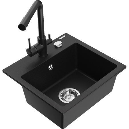 Mexen Milo Granit-Spüle 1-becken mit Küchenarmatur Duero, schwarz - 6505-77-671600-70