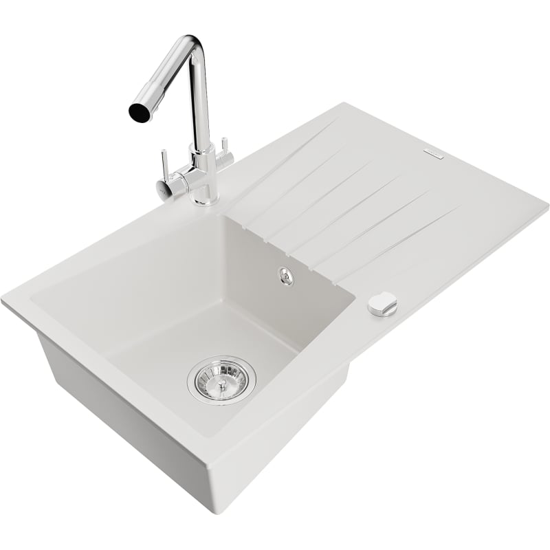 Mexen Cesar granite kitchen sink 1-bowl with drainer and kitchen faucet Duero, white - 6514-20-671600-00