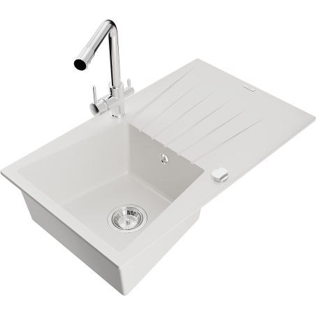 Mexen Cesar granite kitchen sink 1-bowl with drainer and kitchen faucet Duero, white - 6514-20-671600-00