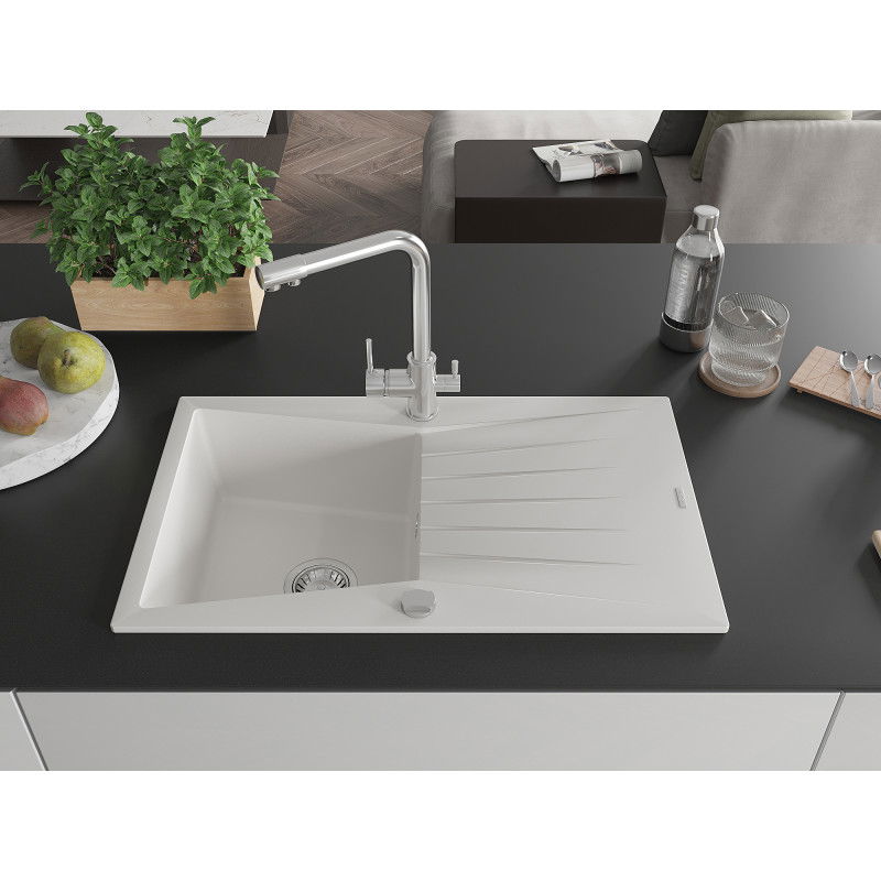 Mexen Cesar granite sink with 1 compartment, drainer and Duero kitchen tap, white - 6514-20-671600-00