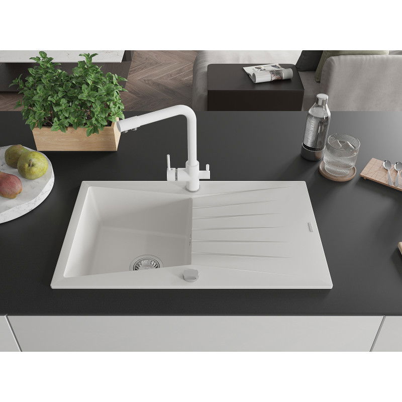 Mexen Cesar fregadero de granito de 1 cubeta con escurridor y grifo de cocina Duero, blanco - 6514-20-671600-20