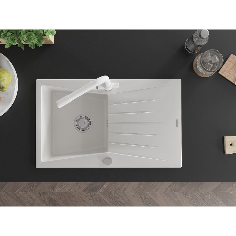 Mexen Cesar 1-bowl granite sink with drainer and Duero kitchen tap, white - 6514-20-671600-20
