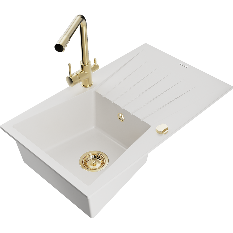 Mexen Cesar single-bowl granite sink with drainer and Duero kitchen tap, white - 6514-20-671600-50