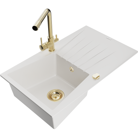 Mexen Cesar single-bowl granite sink with drainer and Duero kitchen tap, white - 6514-20-671600-50