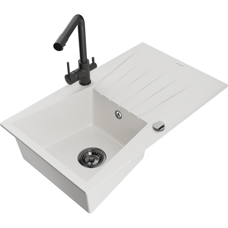 Mexen Cesar Granitspüle ein Becken mit Abtropffläche und Küchenarmatur Duero, weiß - 6514-20-671600-70