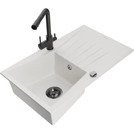 Mexen Cesar 1-bowl granite sink with drainer and Duero kitchen tap, white - 6514-20-671600-70