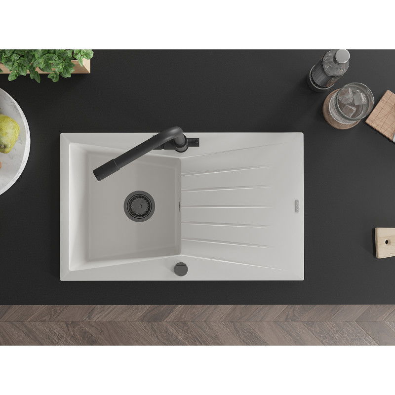 Mexen Cesar 1-bowl granite sink with drainer and Duero kitchen tap, white - 6514-20-671600-70