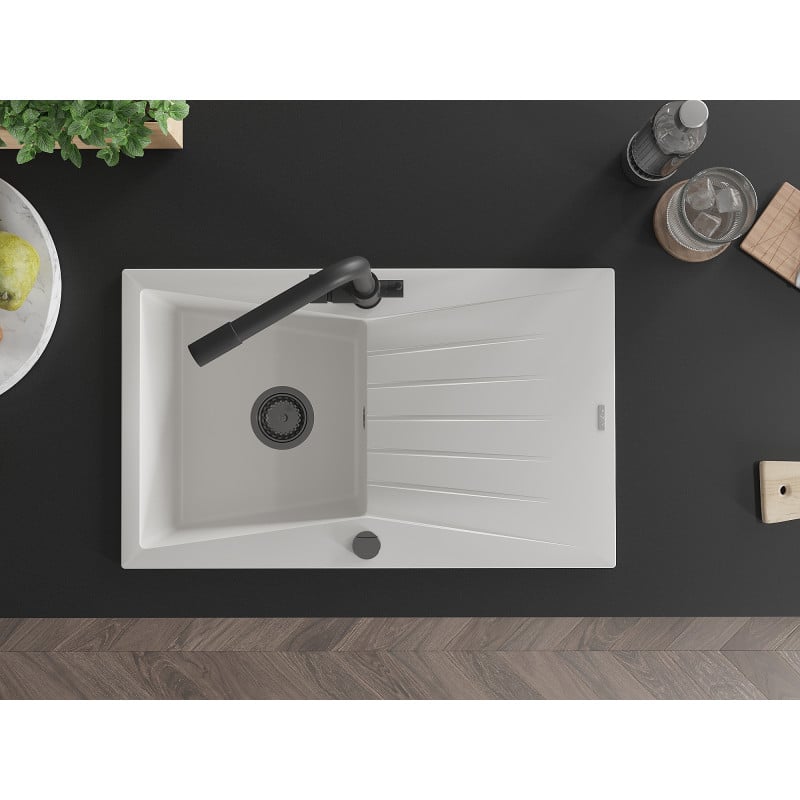 Mexen Cesar fregadero de granito de 1 cubeta con escurridor y grifo de cocina Duero, blanco - 6514-20-671600-70