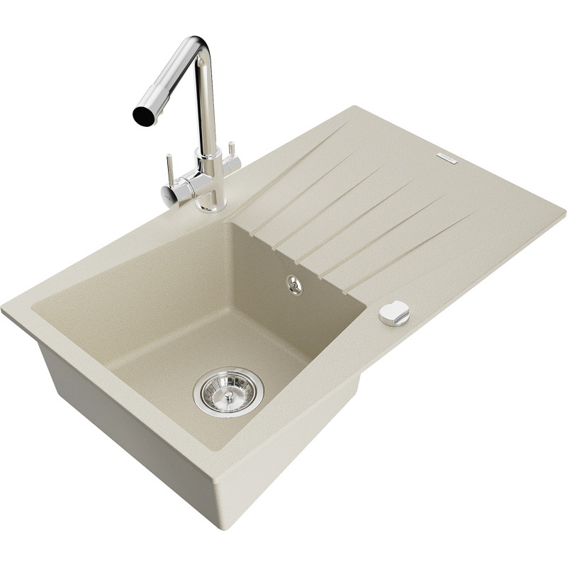 Mexen Cesar évier en granit 1 bac avec égouttoir et robinet de cuisine Duero, beige - 6514-69-671600-00