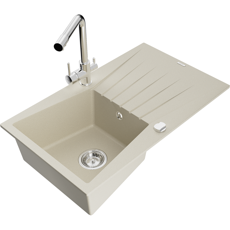 Mexen Cesar fregadero de granito de 1 seno con escurridor y grifo de cocina Duero, beige - 6514-69-671600-00