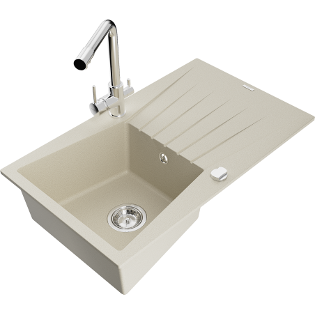 Mexen Cesar single-bowl granite sink with drainer and Duero kitchen tap, beige - 6514-69-671600-00
