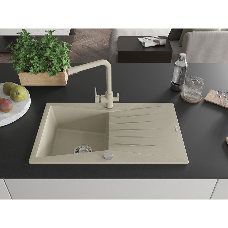 Mexen Cesar granieten gootsteen met 1 bak, afdruiprek en Duero keukenkraan, beige - 6514-69-671600-69