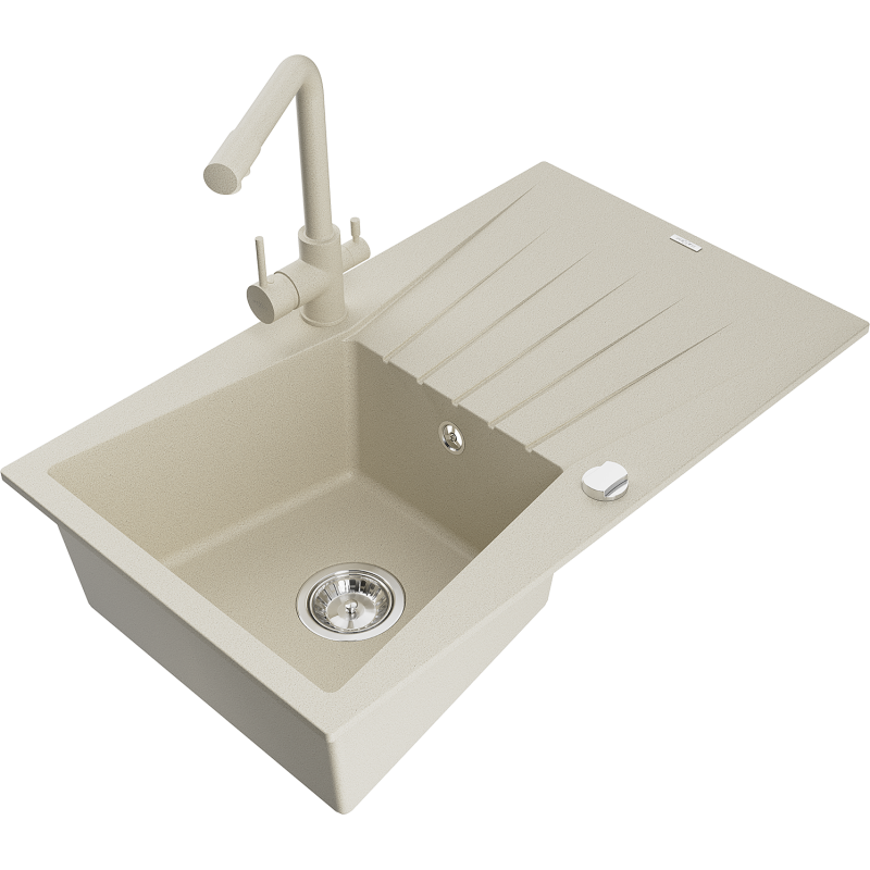 Mexen Cesar granite kitchen sink 1-bowl with drainer and Duero kitchen tap, beige - 6514-69-671600-69