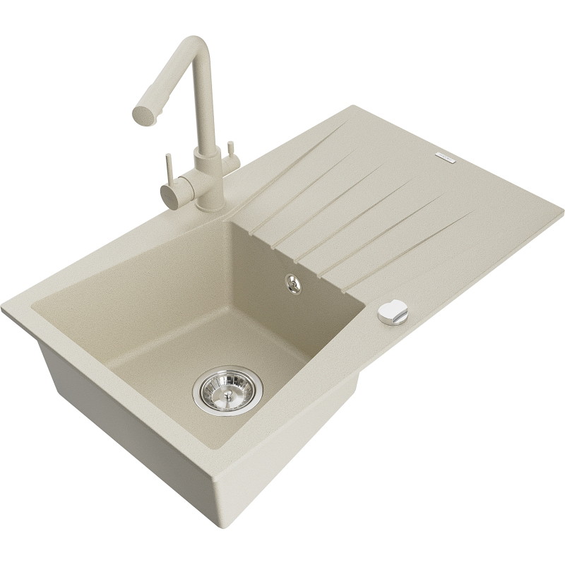 Mexen Cesar Granitspüle 1-Becken mit Abtropffläche und Küchenarmatur Duero, beige - 6514-69-671600-69