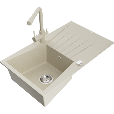 Mexen Cesar granite kitchen sink 1-bowl with drainer and Duero kitchen tap, beige - 6514-69-671600-69