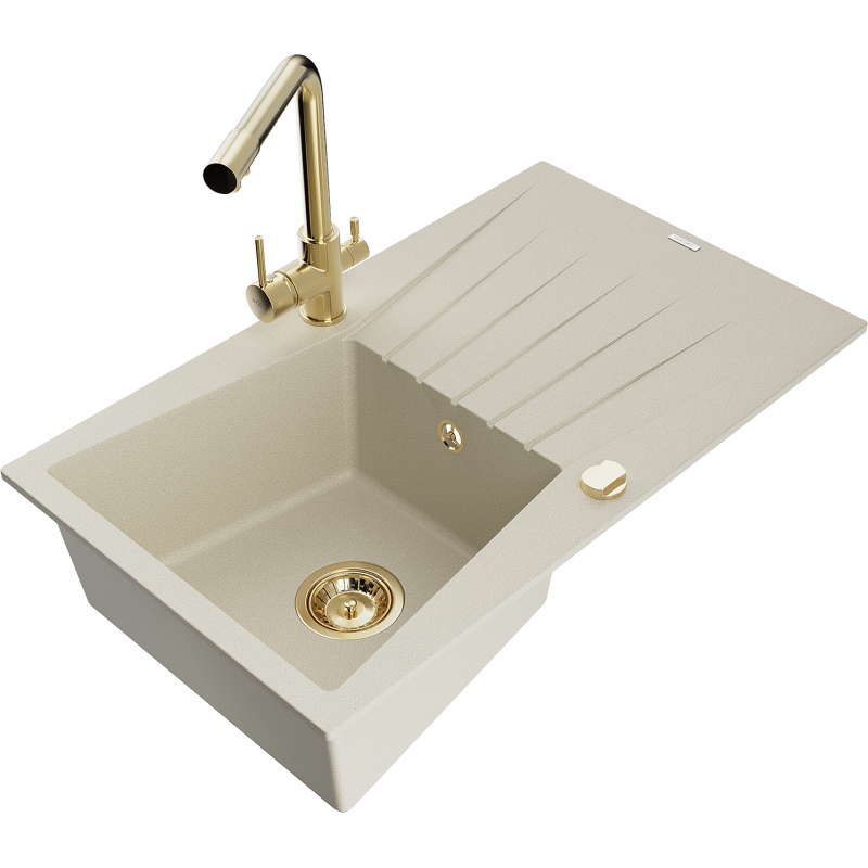 Mexen Cesar fregadero de granito de 1 cubeta con escurridor y grifo de cocina Duero, beige - 6514-69-671600-50