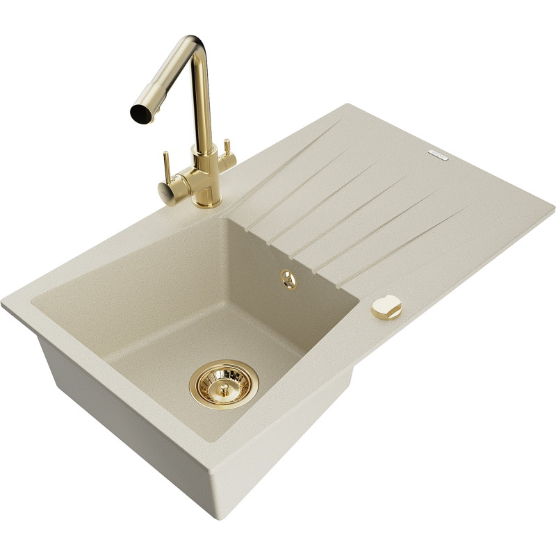 Mexen Cesar Granitspüle 1-beckig mit Abtropffläche und Küchenarmatur Duero, beige - 6514-69-671600-50