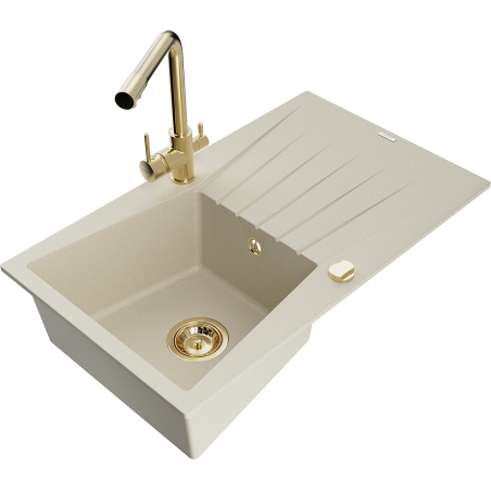 Mexen Cesar granitā izlietne ar vienu nodalījumu un notecētāju un virtuves jaucējkrānu Duero, bēšs - 6514-69-671600-50