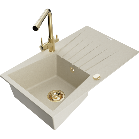 Mexen Cesar Granitspüle 1-beckig mit Abtropffläche und Küchenarmatur Duero, beige - 6514-69-671600-50