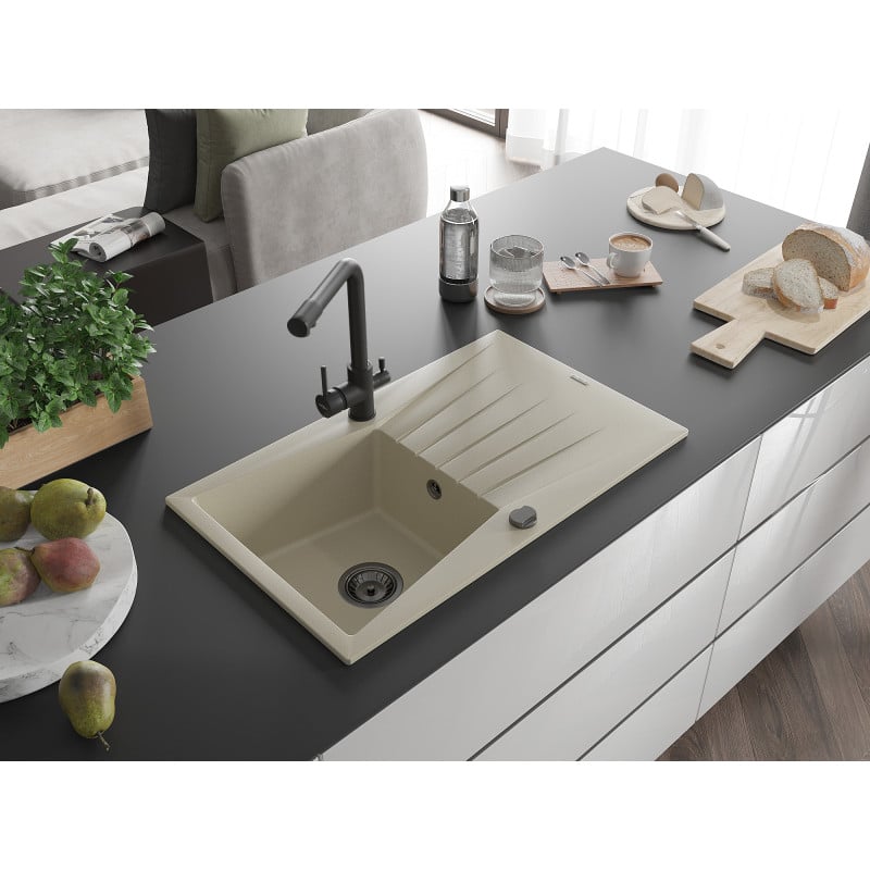 Mexen Cesar fregadero de granito de 1 cubeta con escurridor y grifo de cocina Duero, beige - 6514-69-671600-70