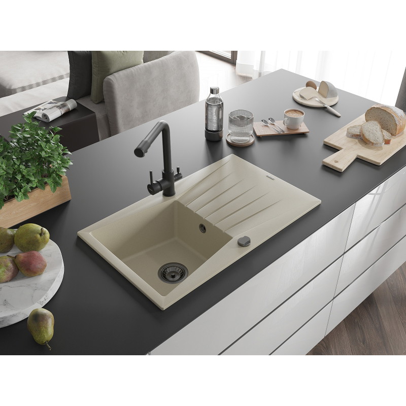 Mexen Cesar Granitspüle 1-Becken mit Abtropffläche und Kücharmatur Duero, beige - 6514-69-671600-70