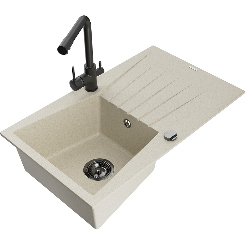 Mexen Cesar lava-louça de granito de 1 cuba com escorredor e torneira de cozinha Duero, bege - 6514-69-671600-70