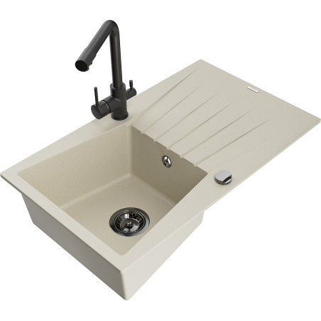 Mexen Cesar fregadero de granito de 1 cubeta con escurridor y grifo de cocina Duero, beige - 6514-69-671600-70