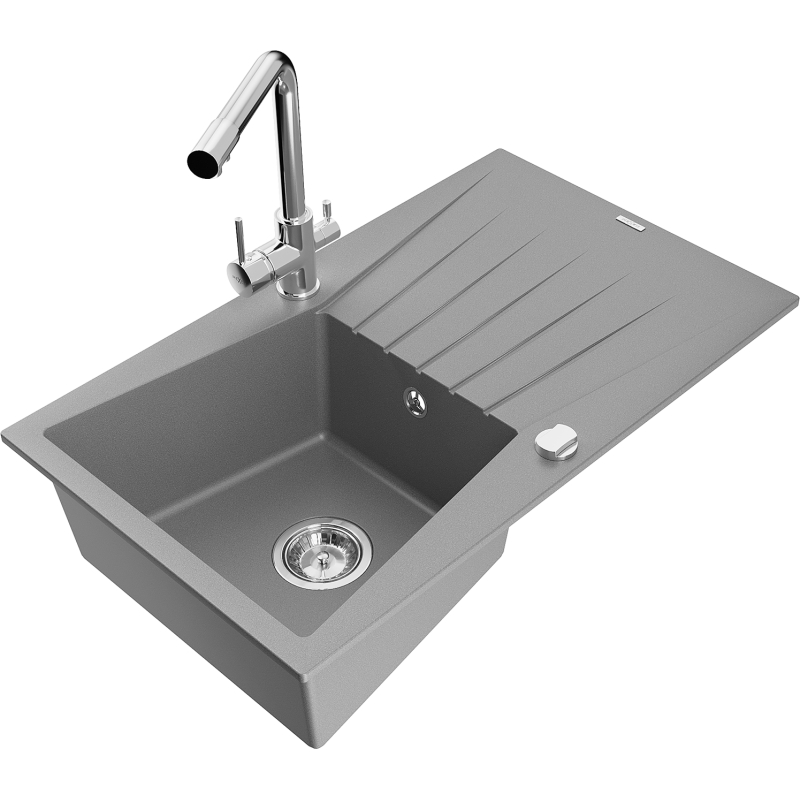 Mexen Cesar fregadero de granito de 1 cubeta con escurridor y grifo de cocina Duero, gris - 6514-71-671600-00