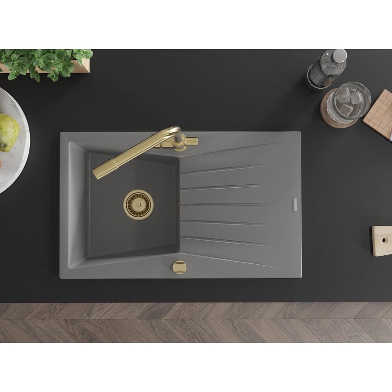 Mexen Cesar granite kitchen sink 1-bowl with drainer and Duero faucet, gray - 6514-71-671600-50